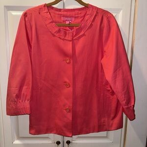 “Du Jour” Women's Large Blazer Jacket Coral Pink Salmon 1/2 - 3/4 Sleeve Pleated
